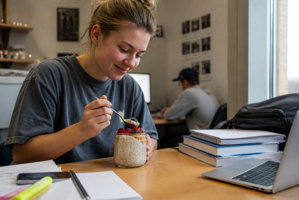 A glass mason jar filled with overnight oats topped with fresh berries, chia seeds, and a drizzle of nut butter, sitting on a dorm room desk next to a laptop and textbooks