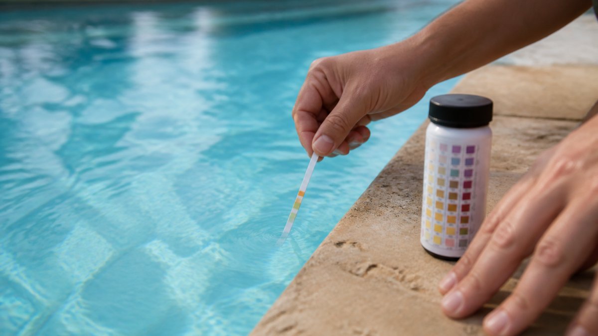 Person dipping a test strip into blue pool water with a bottle nearby on the deck