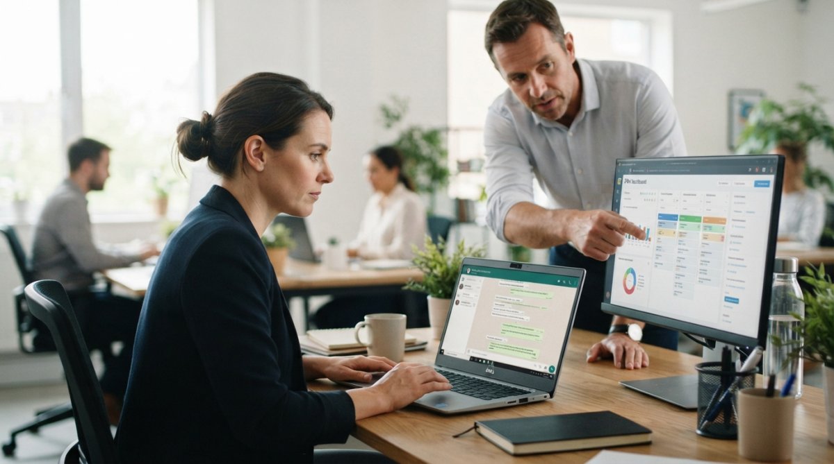 A sales manager reviewing WhatsApp messages on a laptop while a colleague points at a CRM dashboard on a second screen, modern office with natural daylight