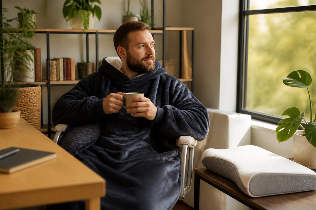 Man relaxing at home wearing the SootheStep™ Electric Wearable Blanket in a comfortable workspace, with the NeckRelief Pro™ pillow visible on a nearby table, warm natural lighting from a window creating a cosy atmosphere