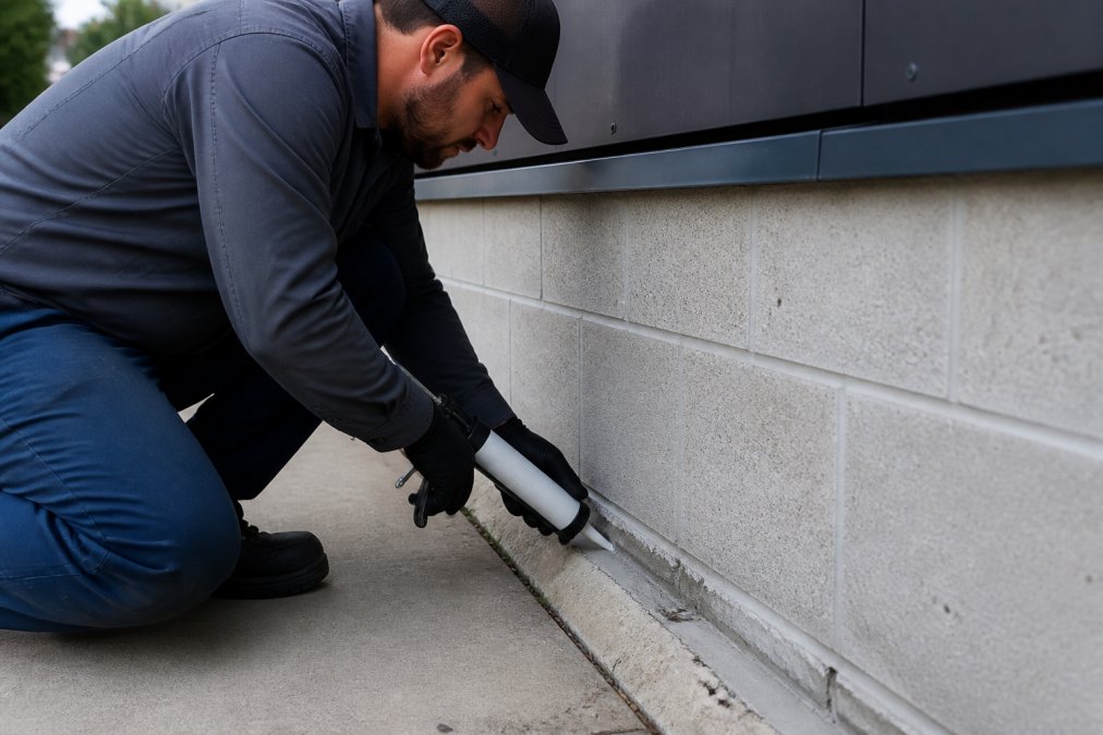 Professional technician sealing foundation gaps with steel wool and caulk around a commercial building's exterior, hands visible working on structural entry points in daylight