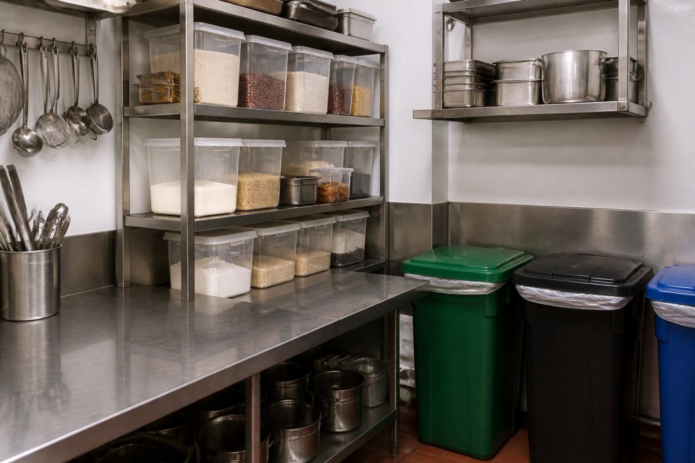 Commercial kitchen area with organized sealed food storage containers, clean stainless steel surfaces, and properly managed waste bins in a restaurant environment