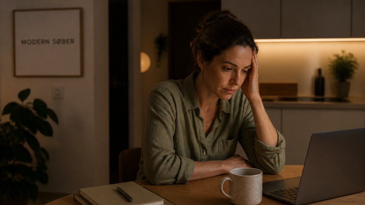 A professional in their late 30s sitting at a kitchen table at night, laptop open, head resting on one hand, coffee mug nearby, soft warm light, tired but composed expression