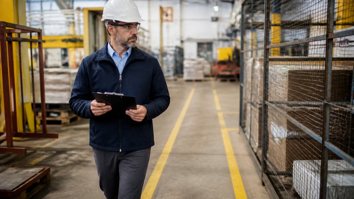 Safety manager inspecting a factory floor for an EHS compliance audit with a clipboard in hand.