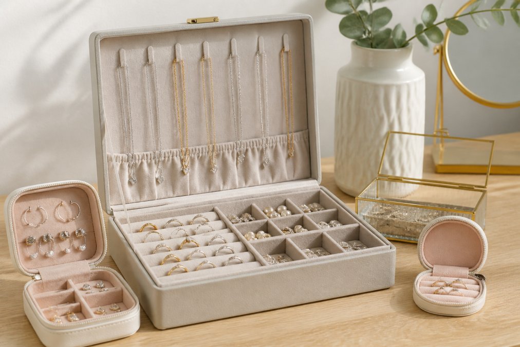 Schmuckkästchen mit mehreren Fächern, Ketten hängend an kleinen Haken, Ringe in separaten Boxen, Ohrringe in Etuis, alles ordentlich organisiert