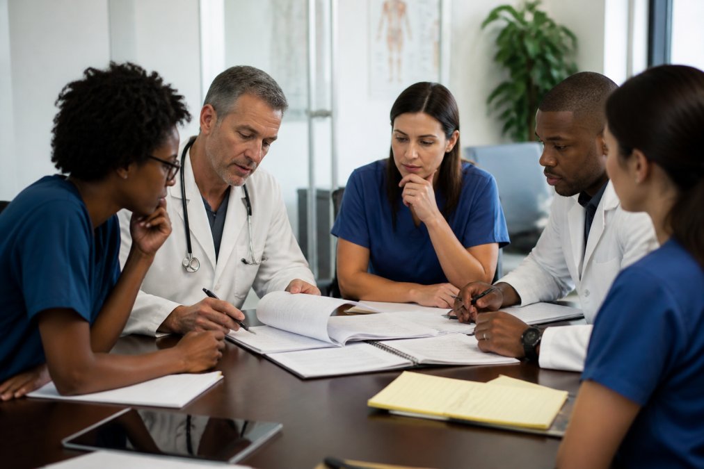 Healthcare team discussing key healthcare compliance elements in a collaborative clinic meeting room setting