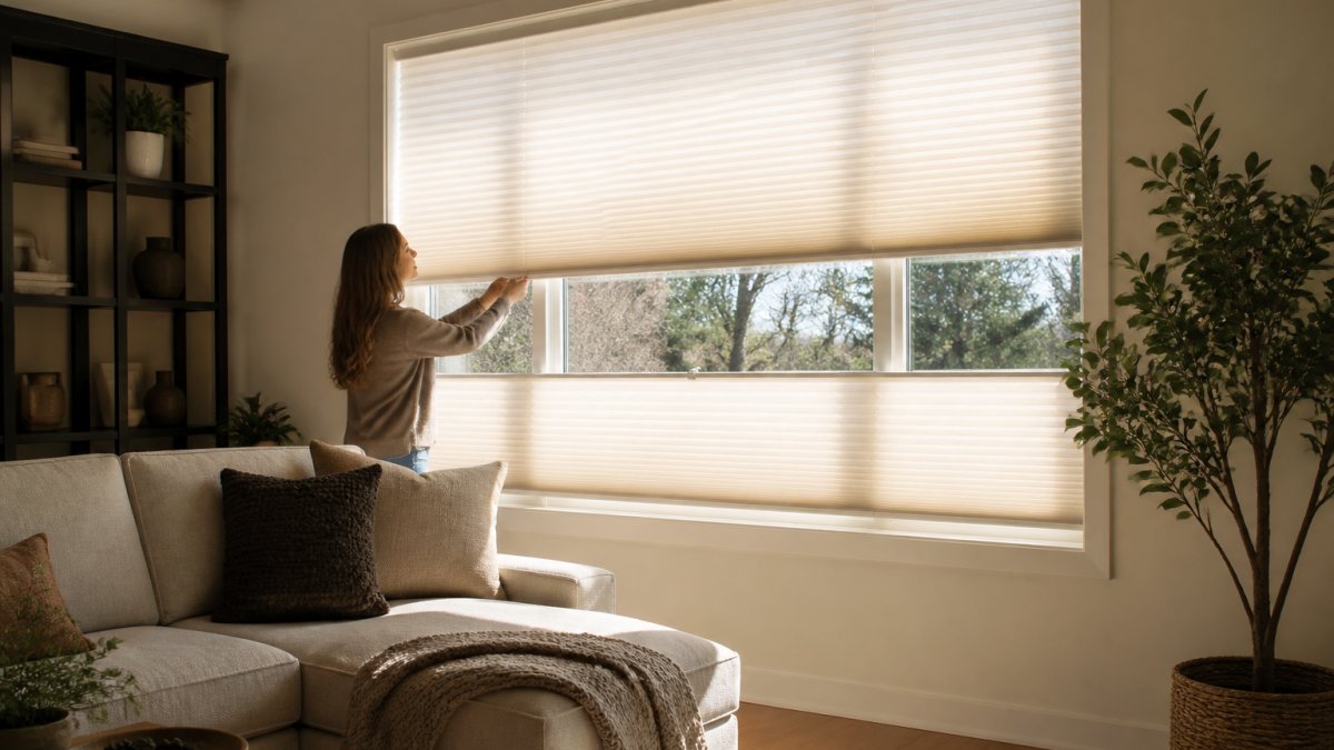 A homeowner in a bright living room adjusting top-down/bottom-up cellular shades on a large window, cozy sofa, warm natural light filtering through honeycomb fabric
