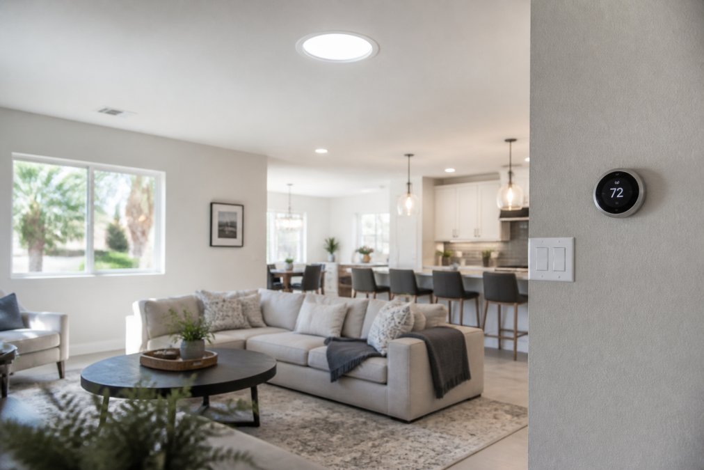 A bright, modern living room with sunlight streaming through a tubular skylight, showing a comfortable, well-lit space with a thermostat on the wall