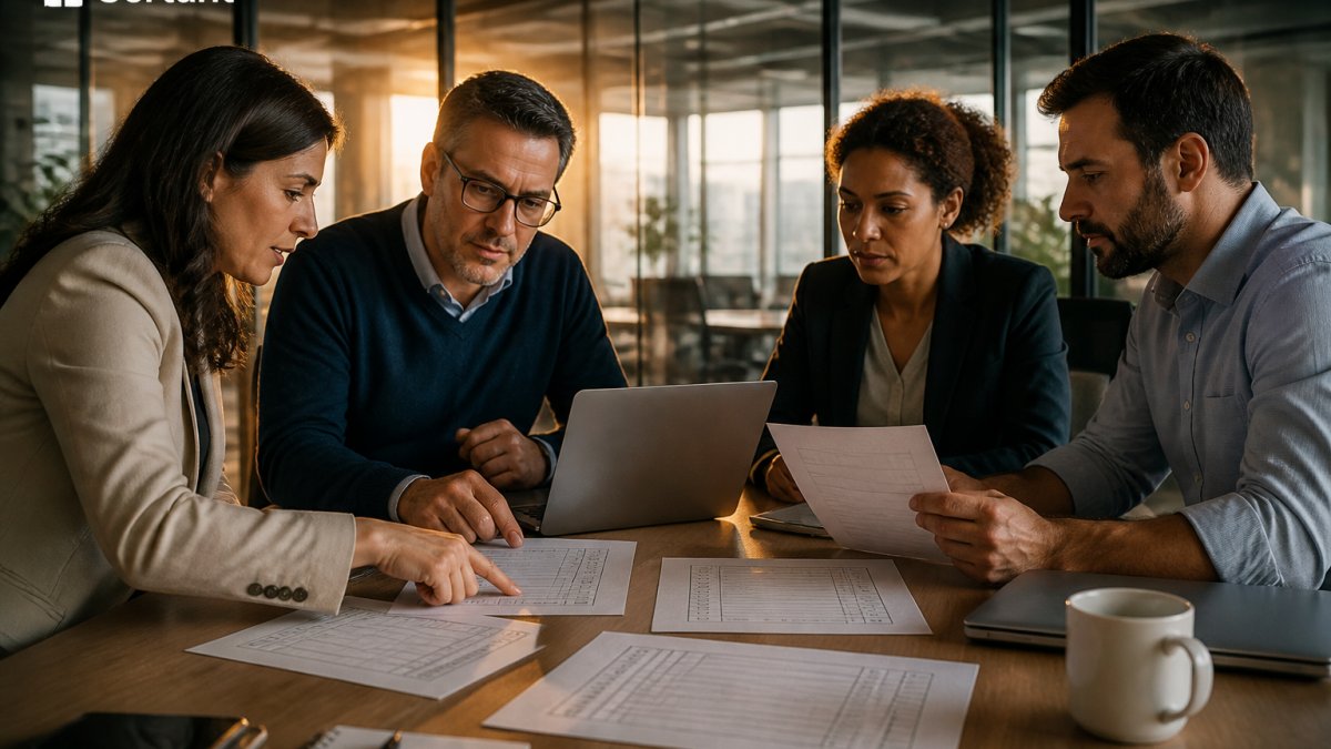 Implementation team reviewing a seven-step checklist for enterprise AI integration in a modern office.