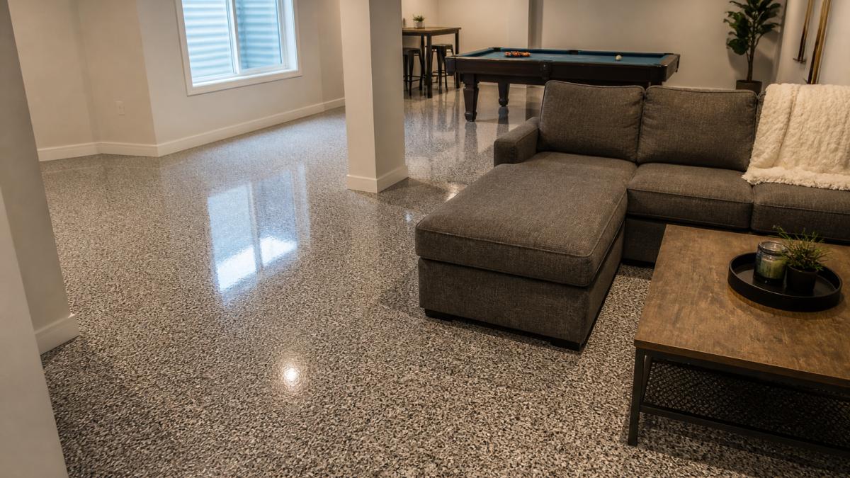 Comparison chart of 7 epoxy flooring options for basements featuring a glossy decorative flake finish.