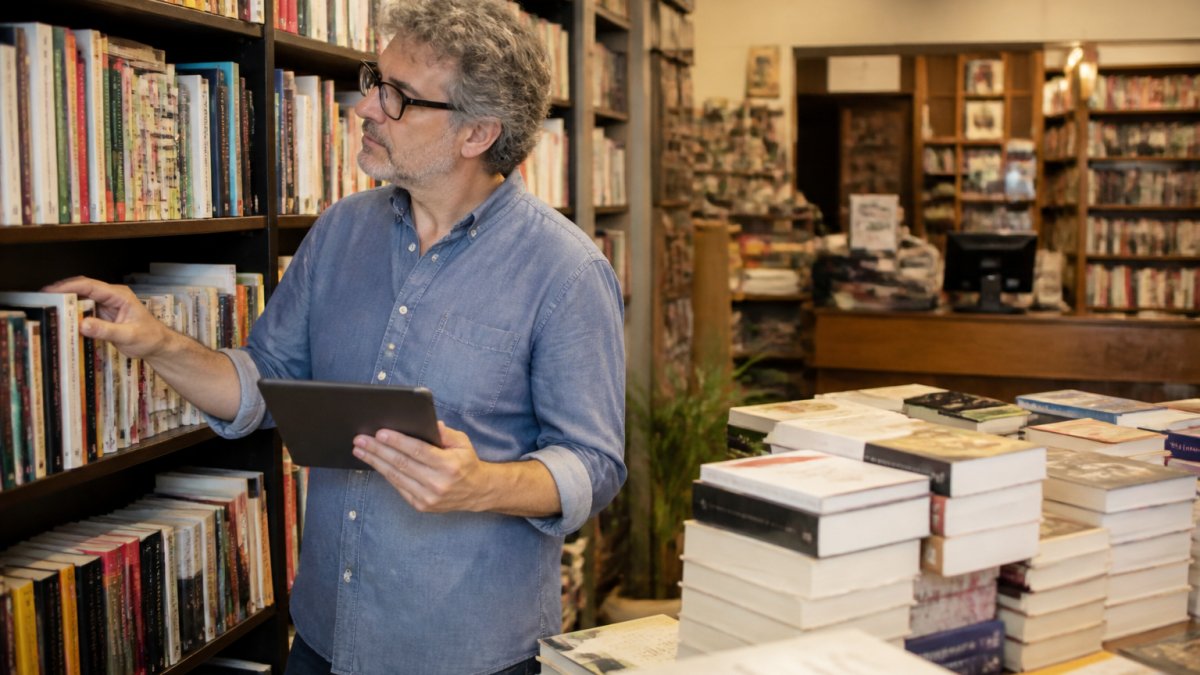 Libraio indipendente controlla le scorte con un tablet per la contabilità libreria tra gli scaffali pieni di libri.