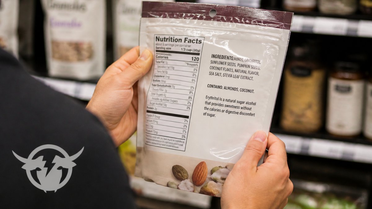 Close-up of a person's hands holding a packaged food item in a grocery aisle, turning the label toward the camera to read the ingredient list under bright store lighting