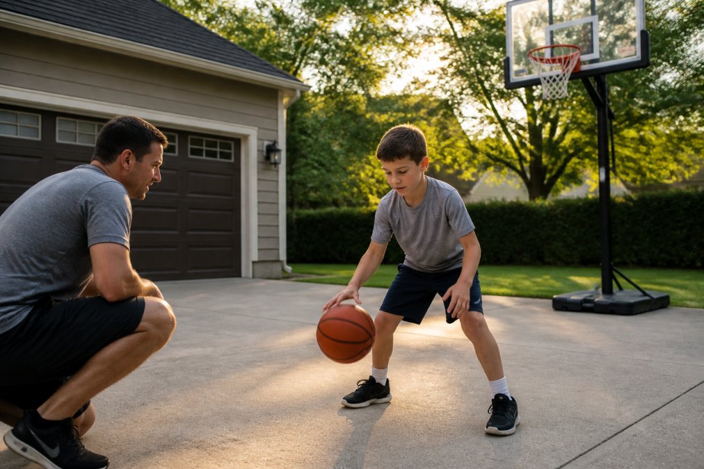 A 10-year-old child practicing basketball dribbling drills on a driveway with a portable hoop, parent watching and encouraging from the side, late afternoon light