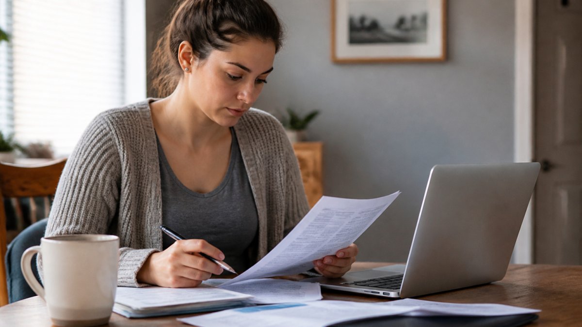 First-time homebuyer reviewing credit report documents to begin credit repair for their first home purchase.