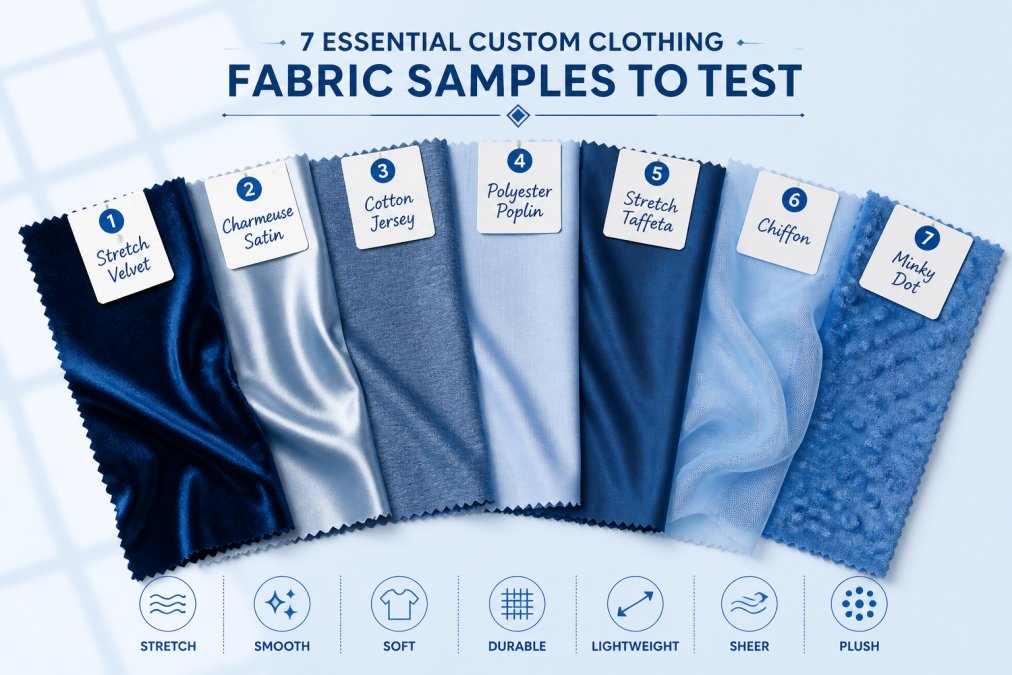 Flat lay of seven different fabric swatches fanned out on a white surface, each with a small handwritten label tag, showing varied textures including stretch velvet, charmeuse satin, cotton jersey, and polyester poplin under soft natural window light