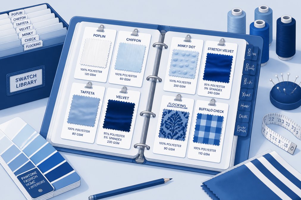 A fashion designer's studio desk with a neatly organized open swatch binder, fabric samples clipped to labeled index cards showing fiber content and GSM, surrounded by thread spools, a measuring tape, and a Pantone color guide under warm studio lighting