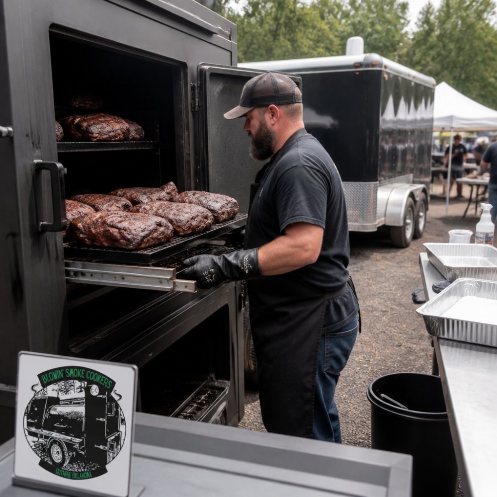Pitmaster pulls a loaded rack of pork butts from a large cabinet smoker at an outdoor catering event