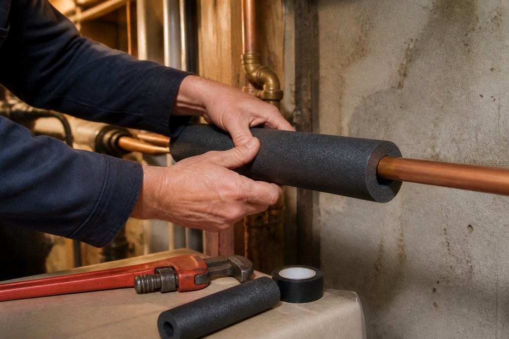 Homeowner installing foam insulation on copper pipes to help with 7 essential home repairs for NJ winter preparation.
