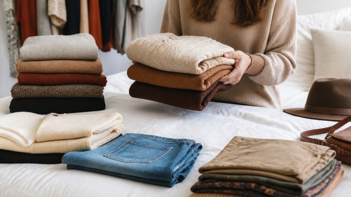 Woman organizing fall wardrobe by color and type, holding folded sweaters and cardigans in neutral and autumnal tones on a clean white bed