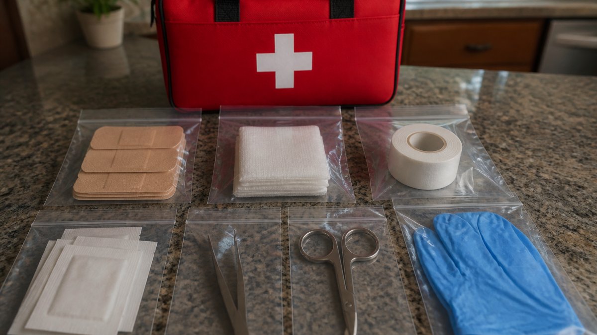 Infographic displaying seven essential medical supplies organized for home first aid use