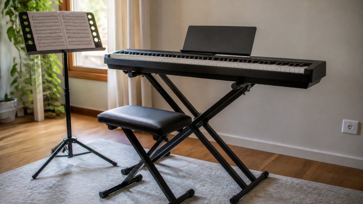 A digital piano set up on a double-braced X-frame stand in a bright home studio, with a stool positioned in front and sheet music on a stand nearby