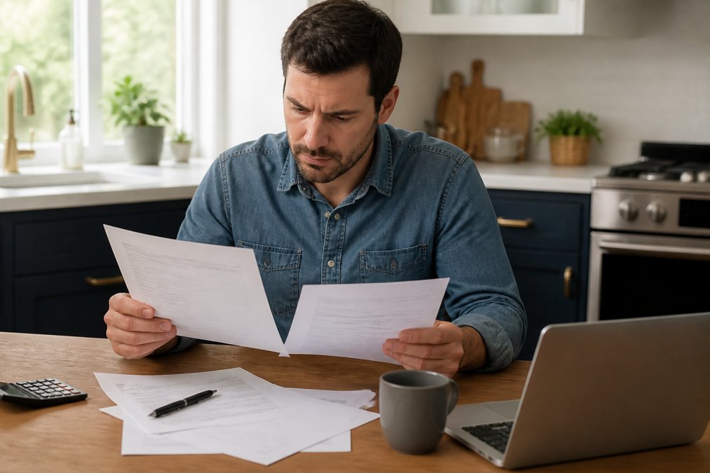 Homeowner sitting at kitchen table reviewing contractor license and insurance documents with laptop and paperwork spread out in natural daylight