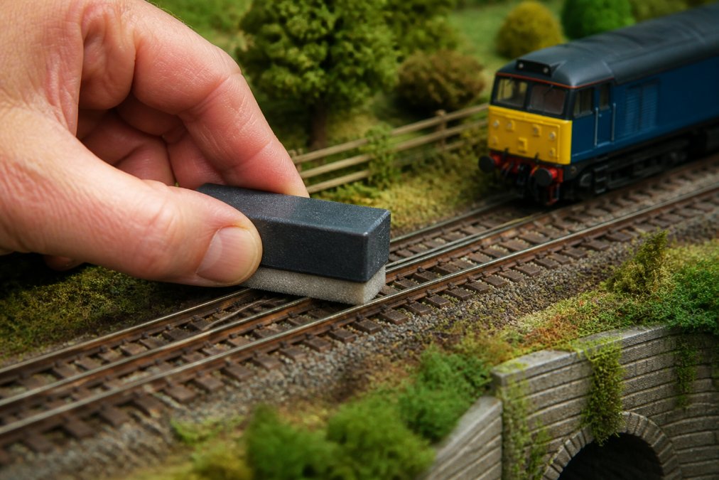 Close-up of a hand holding a track cleaning rubber block, gently rubbing a section of model railway track on a detailed miniature layout, with tiny scenery and a locomotive visible in the background