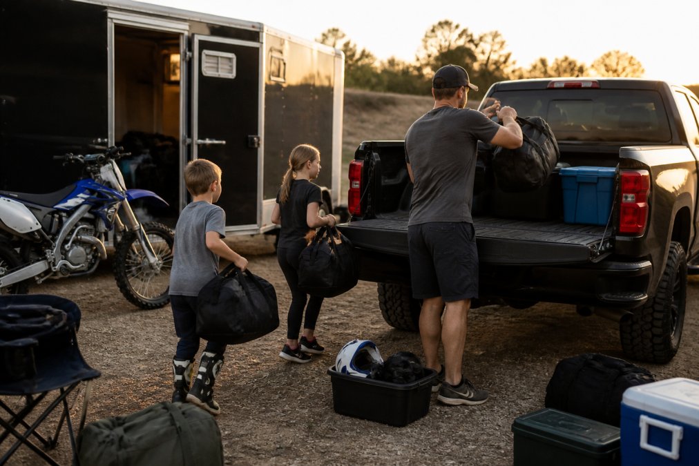 A family in casual outdoor clothing loading dirt bike gear, helmets, and camping bins into the bed of a pickup truck beside a motocross trailer at golden hour, kids helping carry smaller bags
