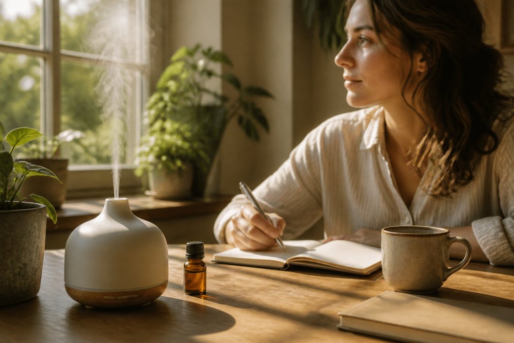 Person using essential oil diffuser at wooden desk in bright morning sunlight, with notebook and coffee cup nearby, focusing on the mist dispersing through air