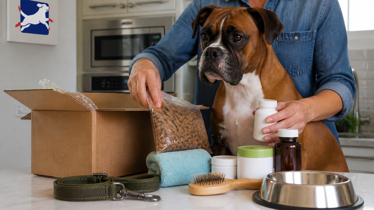 Dog owner unpacking a delivery of supplies from an online pet store onto a kitchen counter with a leash nearby