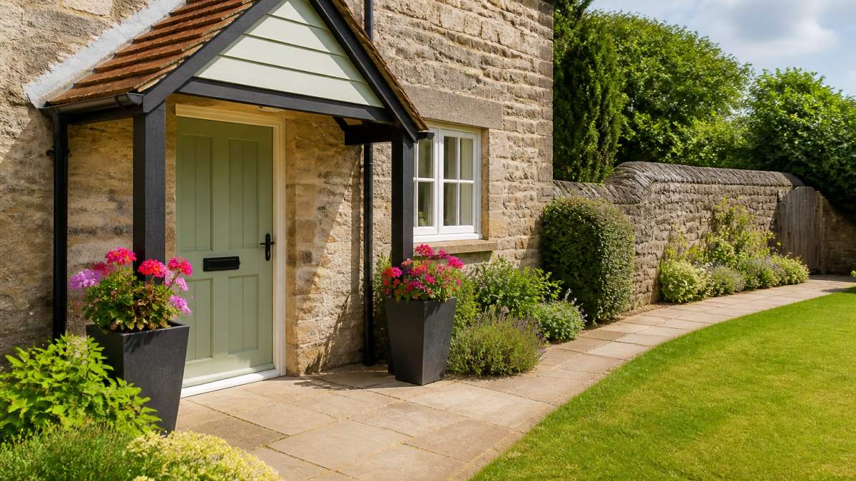 Bright, inviting exterior of a holiday cottage with well-maintained garden, flowering planters flanking the front door, clear pathway, and natural daytime sunlight illuminating the entrance
