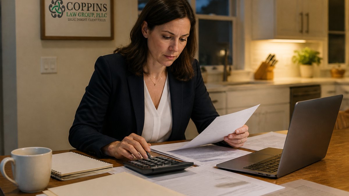 Forensic accountant reviewing financial documents and spreadsheet data to budget for divorce proceedings.