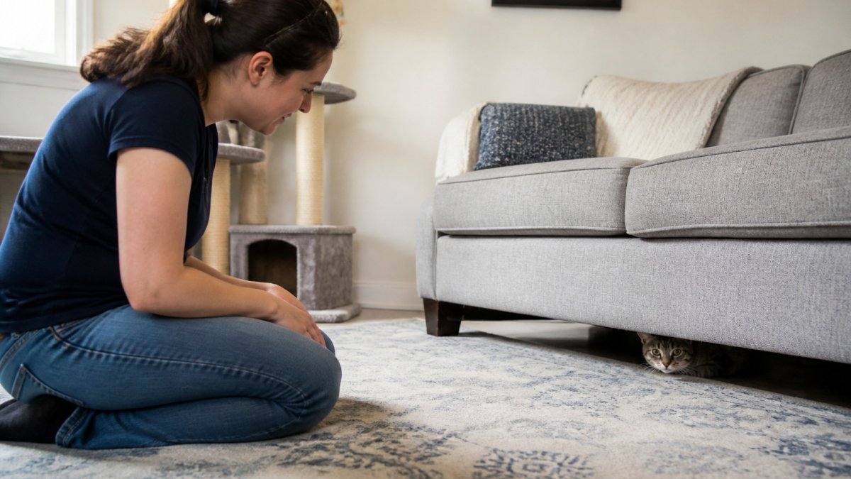 Gentle pet sitter kneeling on a rug while a shy tabby cat watches from under a sofa in a bright home