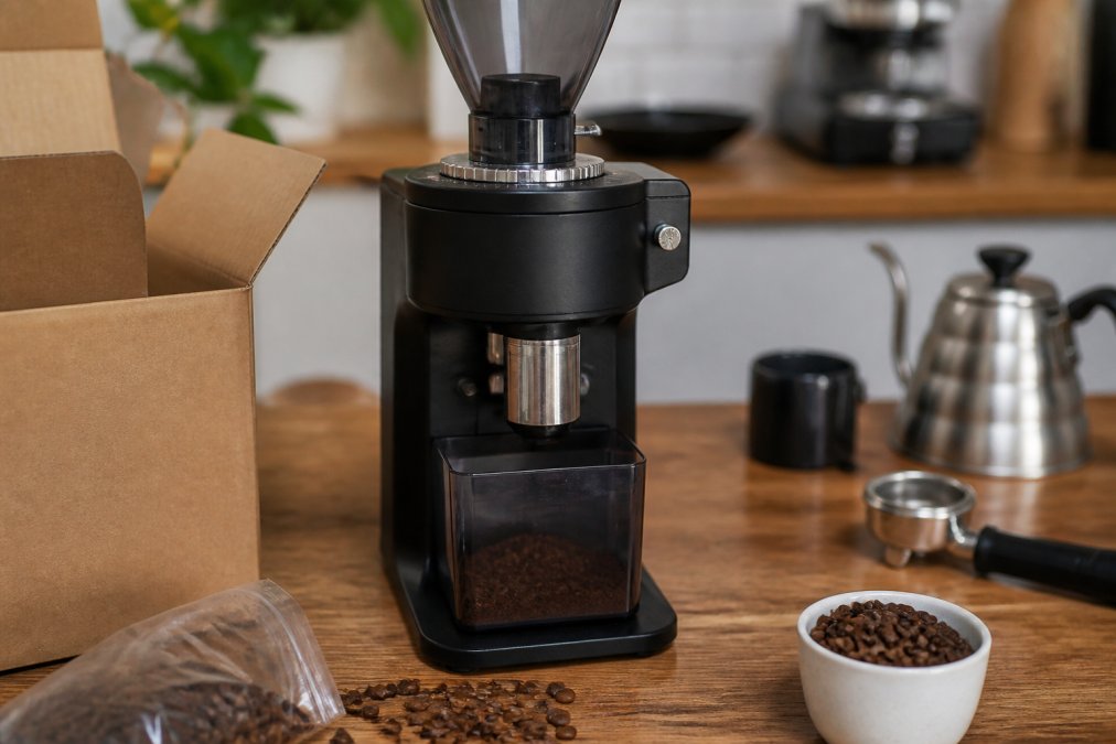 Close-up of a conical burr grinder on a wooden counter with freshly ground coffee in the catch bin and whole beans nearby