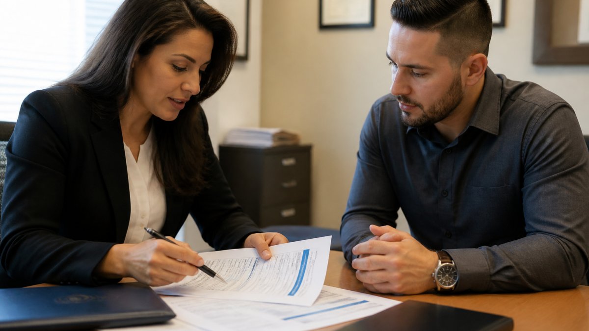 Small business owner reviewing business liability insurance policies with a licensed advisor at a desk