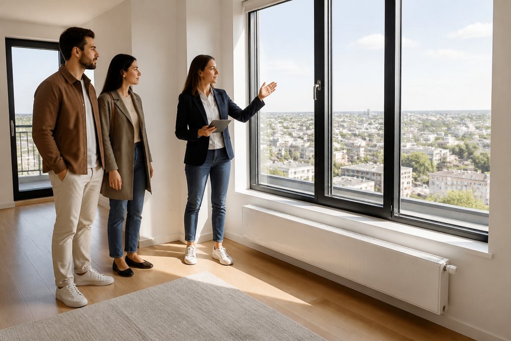 Jeune couple visitant un appartement lumineux avec un agent immobilier lors des 7 étapes pour acheter son premier