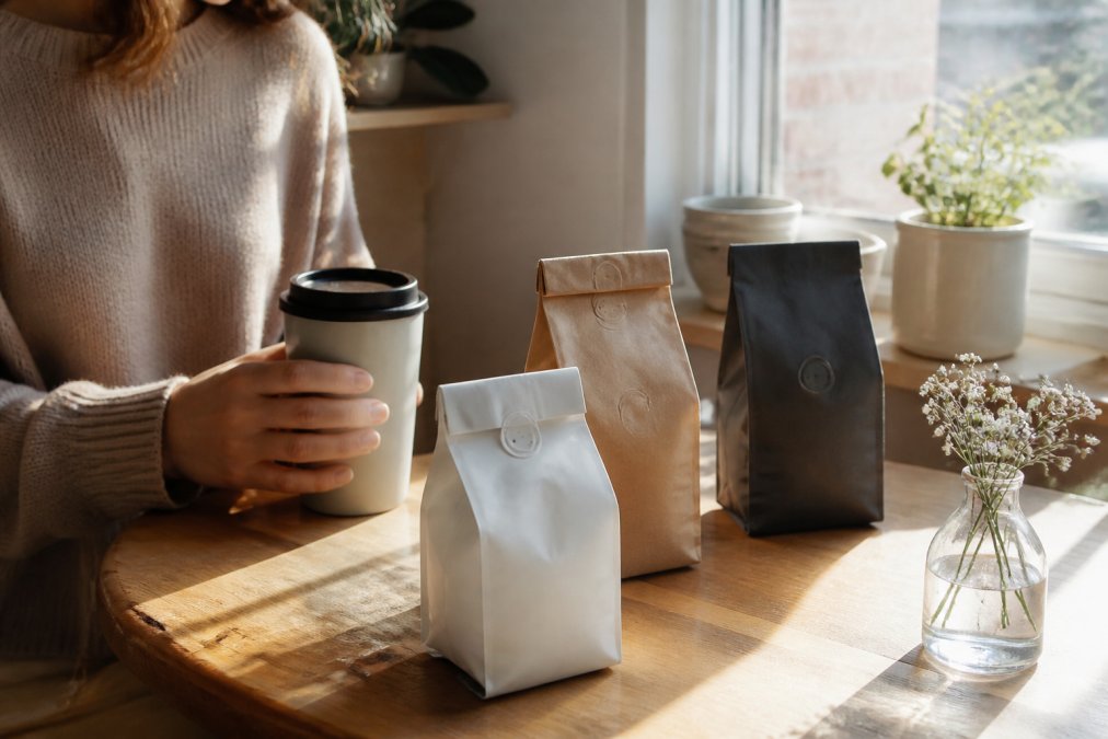 A person holding a reusable coffee mug near a sunlit window, with several bags of coffee beans spread across a wooden table in soft morning light