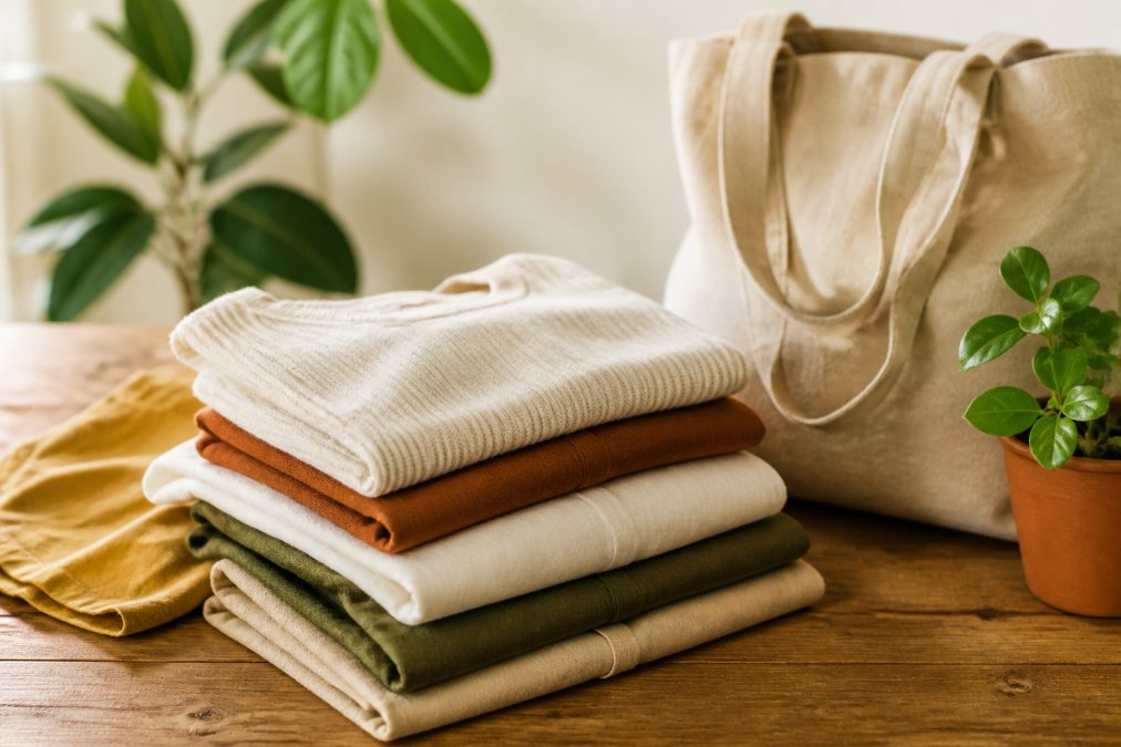 A neatly folded stack of sustainable clothing in natural earth tones on a wooden table, with a reusable tote bag and a small green plant nearby