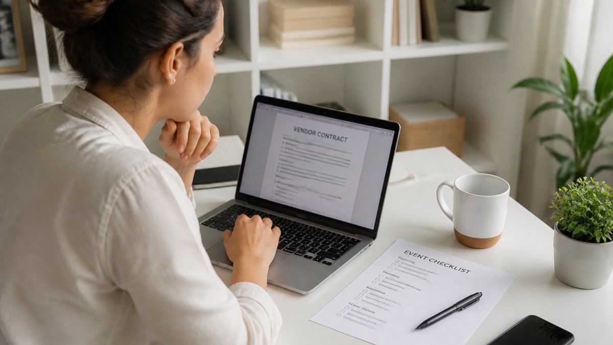 Event planner reviewing contracts on a laptop while using event planning software in a bright home office