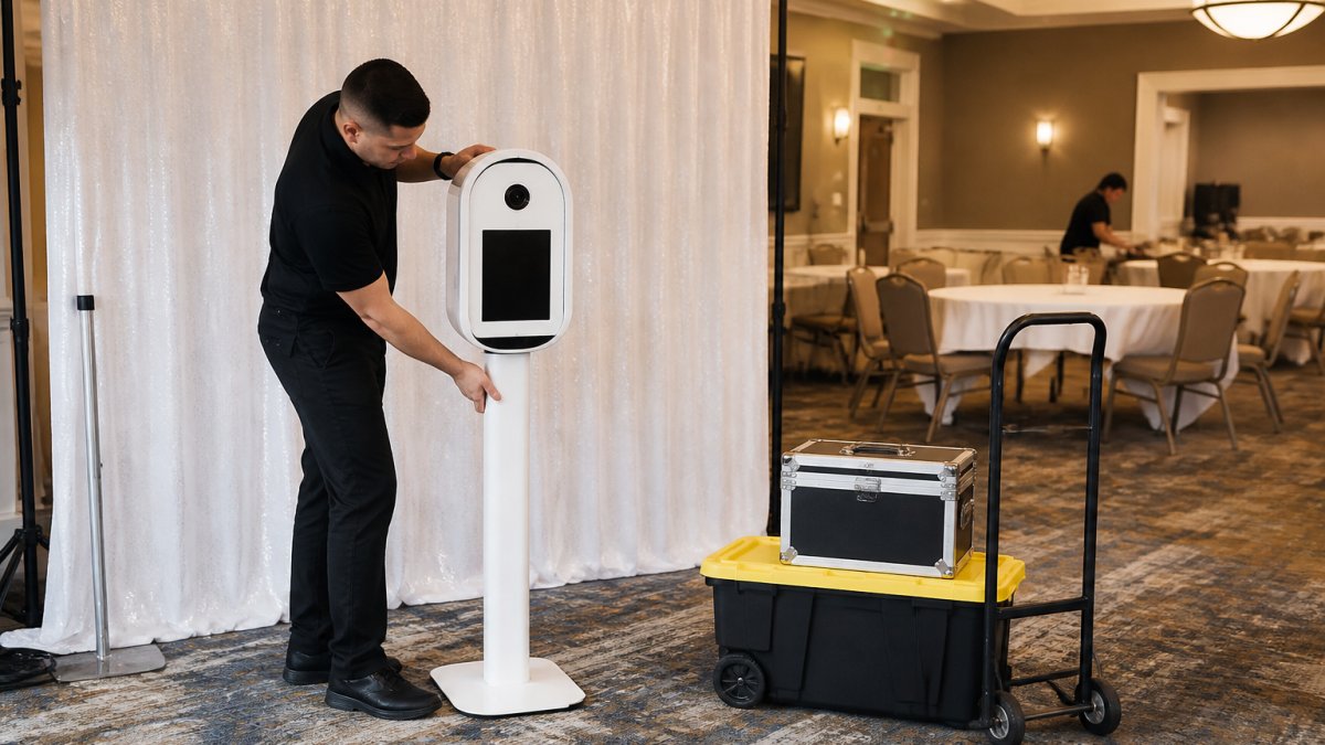 Crew member adjusting an iPad photo booth during an event rental setup in a banquet hall.