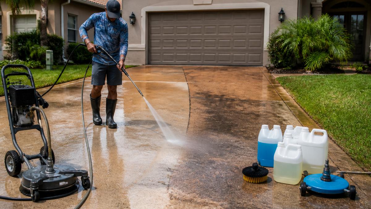 Professional demonstrating driveway cleaning technique on an oil-stained concrete surface with before-and-after sections visible, using pressure washing equipment in bright afternoon sunlight