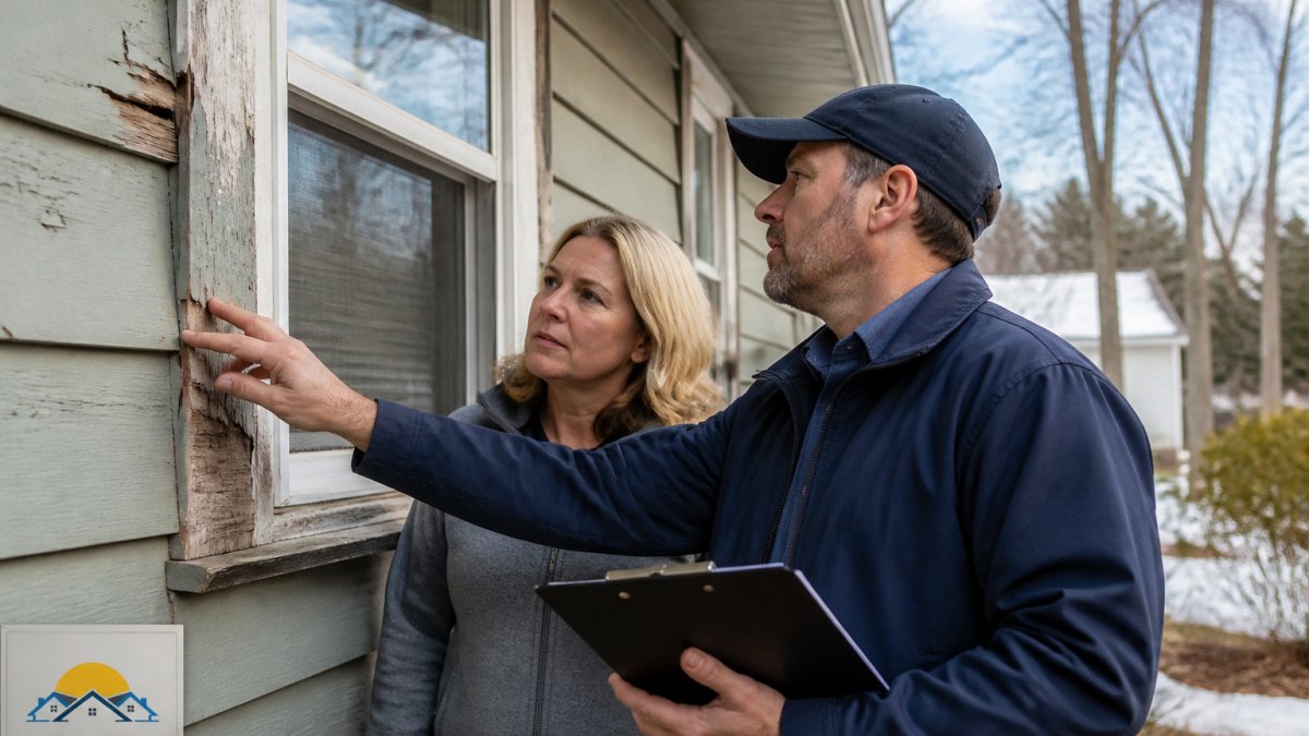 Homeowner and contractor inspecting weathered siding while renovating exterior of 1970s home in New England.