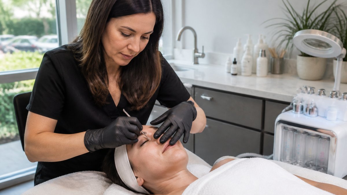 Esthetician performing gentle facial extractions to clear clogged pores in a modern med spa treatment room