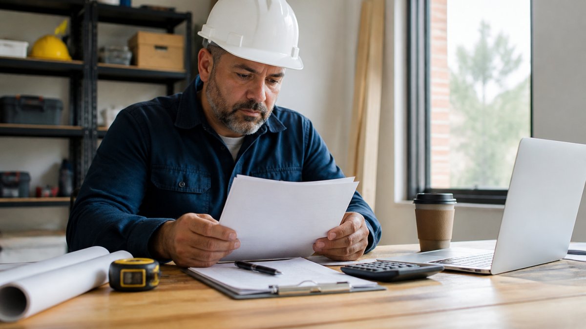 A small business owner in a hard hat reviewing insurance paperwork at a desk with a laptop, calculator, and coffee, looking focused and prepared