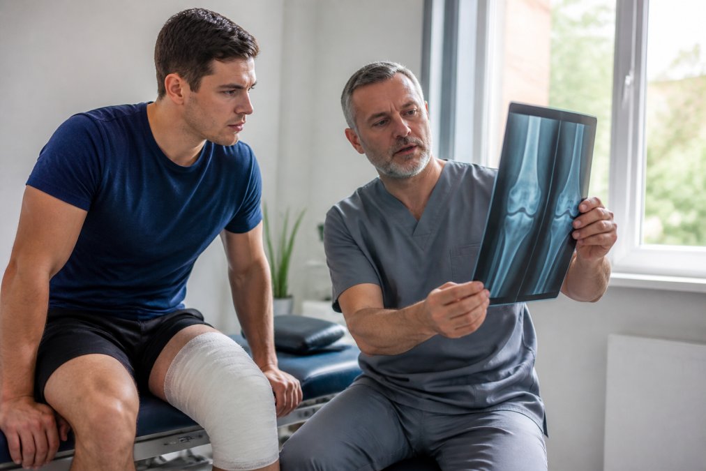 Medical professional examining patient's injury with diagnostic imaging equipment in modern clinical setting, natural lighting from windows