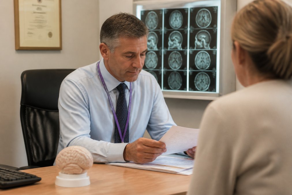 Consultant neurologist reviewing MRI scans and detailed medical reports at desk with diagnostic imaging displayed on monitors, clinical office environment