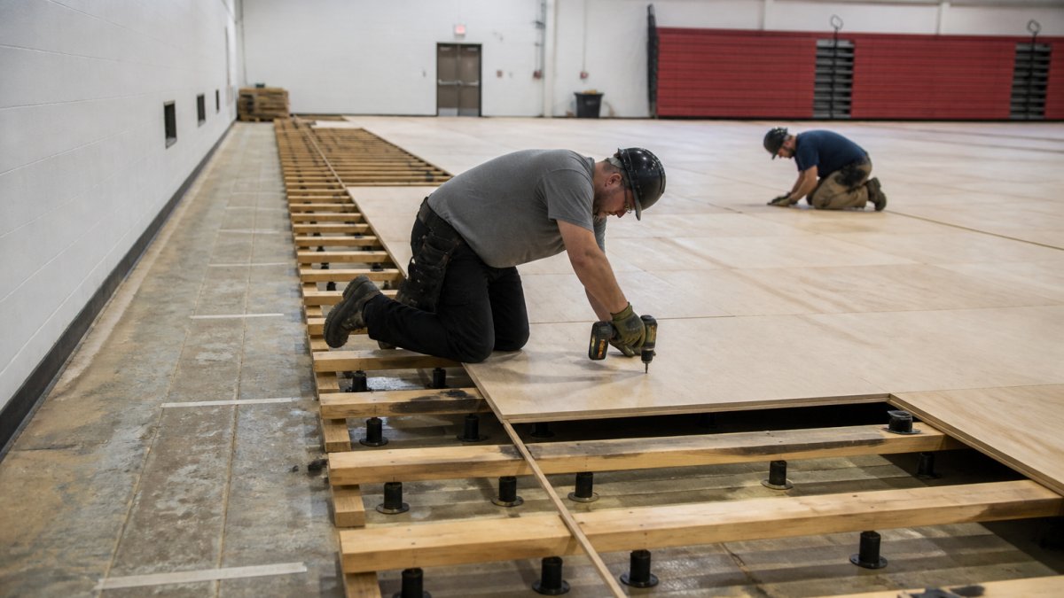 Professional installation crew laying spring floor boards in a commercial gym facility, with subfloor preparation visible and workers using installation tools and safety equipment