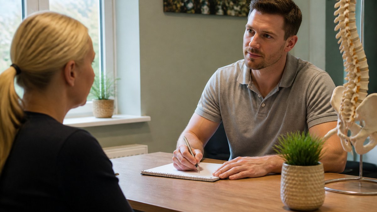 Chiropractor consulting with a patient during chiropractic sessions in a relaxed Penrith clinic setting