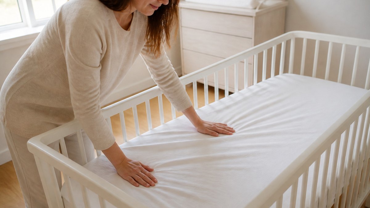 Parent smoothing a soft white fitted sheet onto a clean crib mattress in a bright, uncluttered nursery.