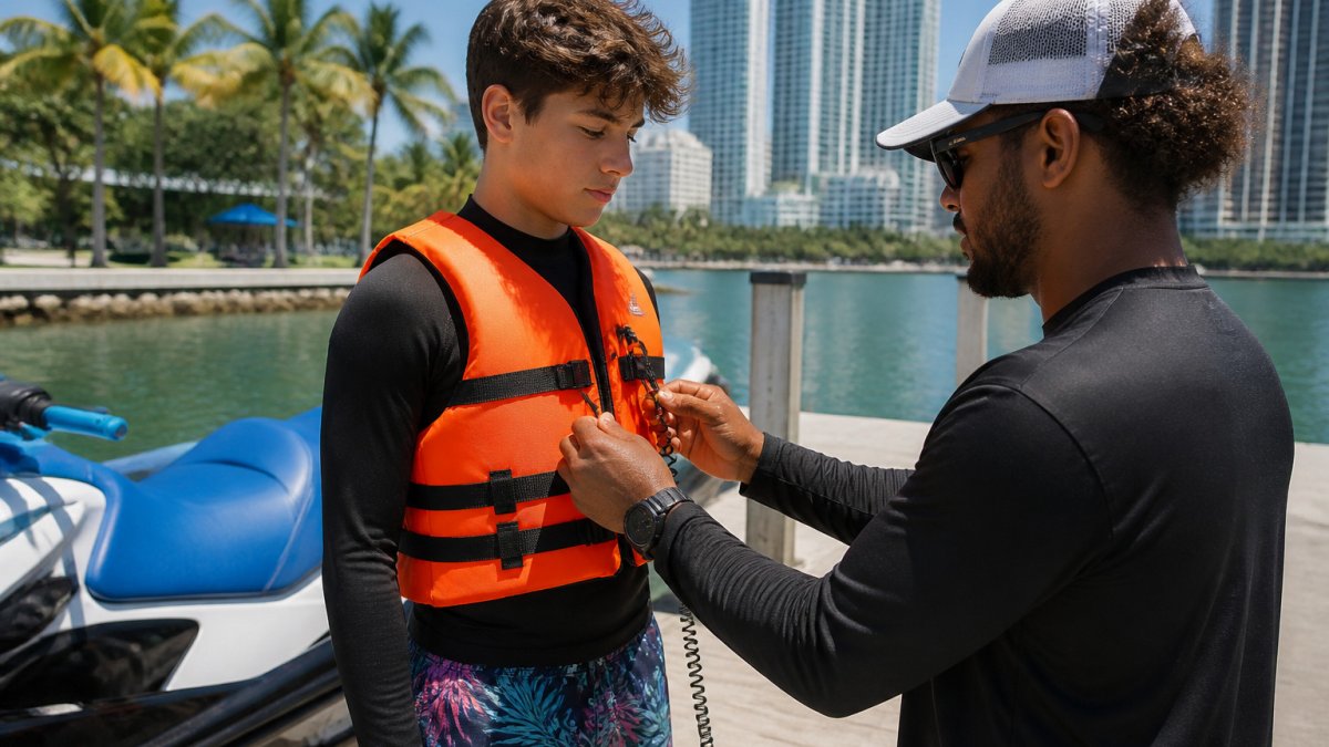 Teenager wearing a life jacket and helmet getting ready for jet skiing safe teenagers with an instructor on a dock